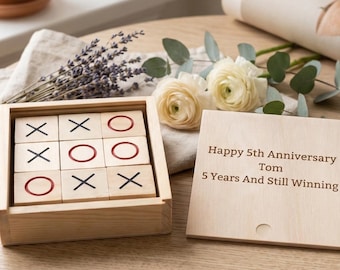 Personalised 5th Anniversary Wooden Tic Tac Toe Gift – Custom Wood Anniversary Game – Funny Couple Gift – 5 Years And Still Winning