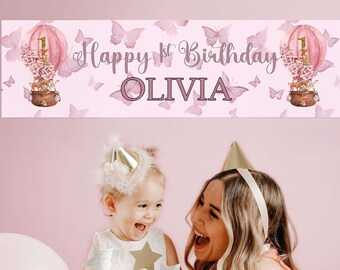 x2 1st Birthday Banners - Birthday Banner Personalised for her - Birthday Party Decorations - Pretty Pink Butterfly Birthday Banner  Any Age