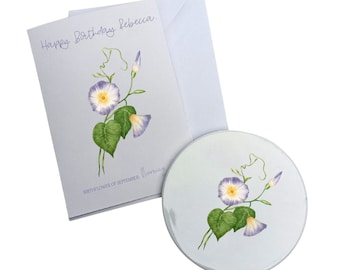 September Birthday Gift for Her - Ceramic Coaster & A6 Birthflower card - September Birthday card - September Birthday Gifts Personalised