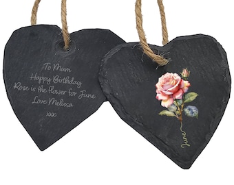 June Birthday Gift - Rose Personalised Gift June birthflower Pink Rose Flower Birth Flower Birthday Gifts for June Month Heart Plaques Slate