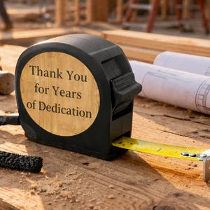 May include: Black tape measure with a yellow blade extended on a wooden surface. The tape measure has a wooden face with the text "Thank You for Years of Dedication". Construction tools and blueprints are in the background.
