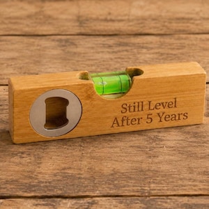5th Anniversary Spirit Level Gift for Husband, Personalised Bamboo Bottle Opener, Funny 5 Year Wood Anniversary Present for Him