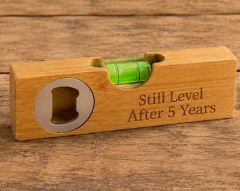5th Anniversary Spirit Level Gift for Husband, Personalised Bamboo Bottle Opener, Funny 5 Year Wood Anniversary Present for Him
