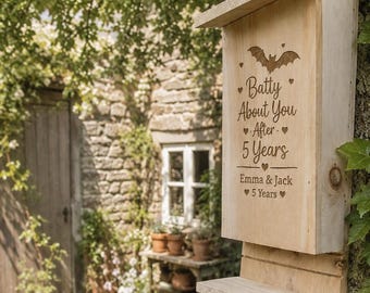 5th Wedding Anniversary Bat Box | Personalised Wooden Bat House | Batty About You Gift | Wood Anniversary Present for Couple