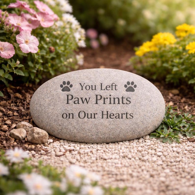 Pet memorial engraved stone with text “You Left Paw Prints on Our Hearts” and paw prints, displayed in a soft floral garden setting