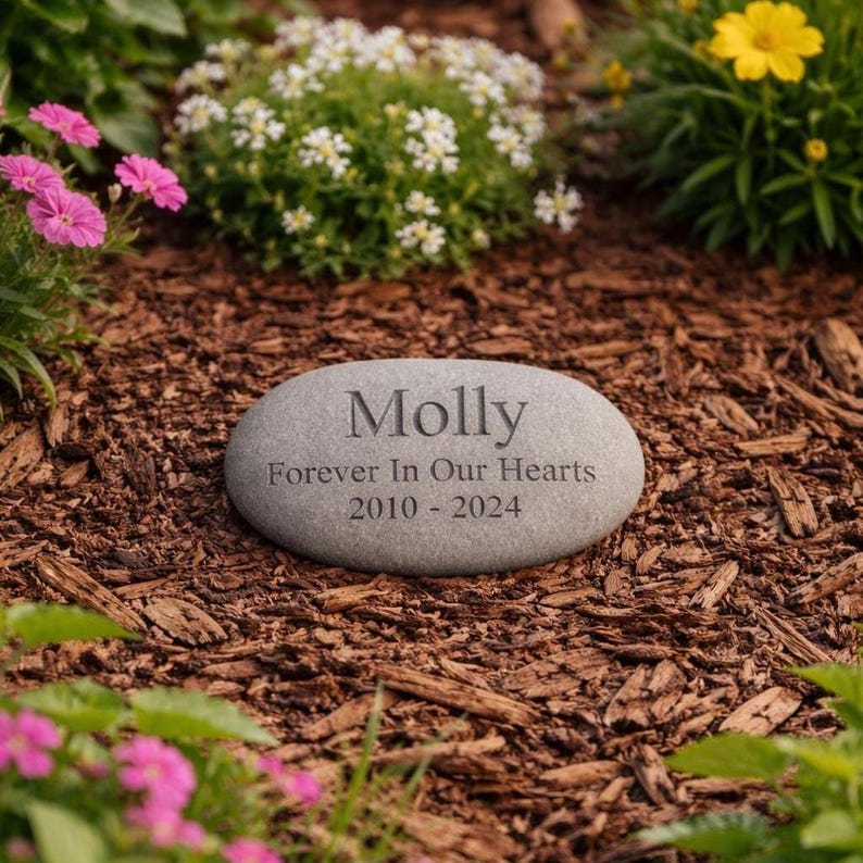 Personalised pet memorial stone in garden with flowers engraved Molly Forever In Our Hearts 2010 2024