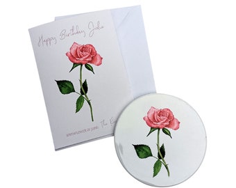 June Birthday Card and Birth Flower Gift Coaster - Rose Coaster -  Birth flower personalised birthday Card for her - Flower Coaster A6 card