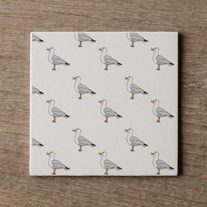 Square Ceramic Coaster with Seagull Pattern – White Coastal Drinks Mat, Cornish Gift, Nautical Home Décor, Beach House Accessory