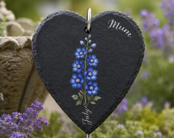 Personalised July Birth Flower Memorial Slate Heart Garden Stake | Delphinium Grave Marker | Mum Memorial Gift | Outdoor Garden Tribute