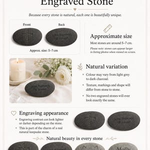 Informational flyer explaining that natural engraved stones may vary in size, colour, shape, texture and engraving contrast, with examples of dark and light grey keepsake stones.