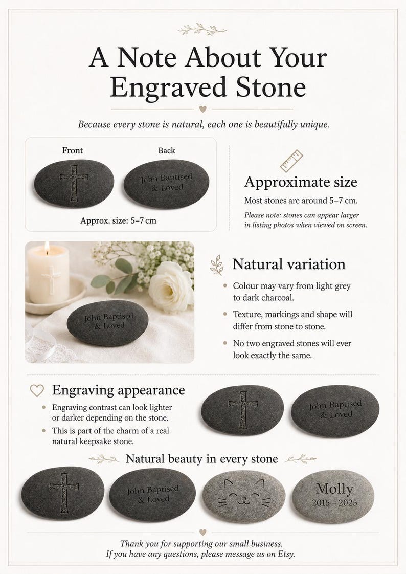 Informational flyer explaining that natural engraved stones may vary in size, colour, shape, texture and engraving contrast, with examples of dark and light grey keepsake stones.