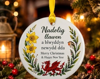 Personalised Welsh Christmas Ceramic Bauble, Nadolig Llawen Wales Christmas Decoration, Daffodil Robin Dragon Ornament, Gift Box Option