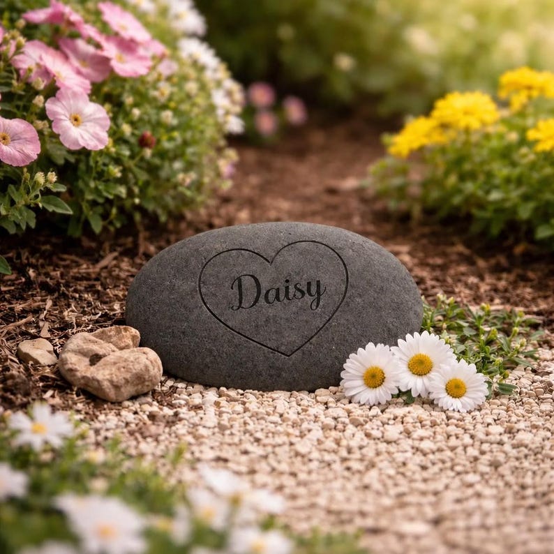 Dark grey oval pet memorial stone engraved with a heart and the name Daisy, displayed in a garden with flowers and gravel.