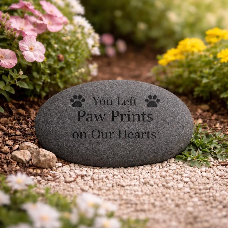 Dark grey oval pet memorial stone engraved with paw prints and the words You Left Paw Prints on Our Hearts, displayed in a flower garden.