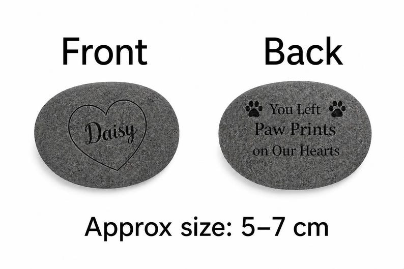 Front and back views of a dark grey pet memorial stone, showing a Daisy heart engraving on the front and You Left Paw Prints on Our Hearts on the back, with approx size 5–7 cm.