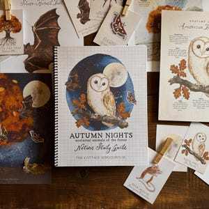 May include: A spiral-bound nature study guide titled Autumn Nights: Nocturnal Animals of the Forest by The Cottage Schoolhouse, featuring a barn owl illustration, surrounded by various educational prints of owls, bats, and mice.