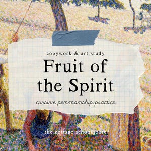 Op de afbeelding: Een impressionistisch schilderij met de tekst "Fruit of the Spirit" op een gescheurde papieren achtergrond. De afbeelding toont mensen die fruit oogsten in een veld, met een boom en een kar op de achtergrond. De stijl doet denken aan het pointillisme.