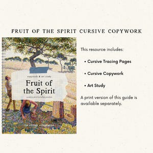 Op de afbeelding: Boekomslag "Fruit of the Spirit Cursive Copywork" met een impressionistisch schilderij van een veld. De bron bevat cursieve traceerpagina's, cursief schrijven en kunststudie. Een gedrukte versie is apart verkrijgbaar.