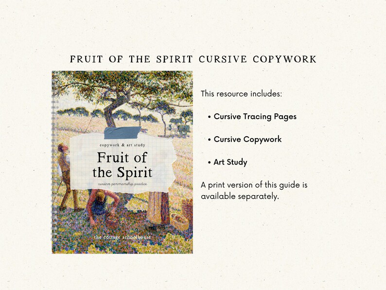 Op de afbeelding: Boekomslag "Fruit of the Spirit Cursive Copywork" met een impressionistisch schilderij van een veld. De bron bevat cursieve traceerpagina's, cursief schrijven en kunststudie. Een gedrukte versie is apart verkrijgbaar.