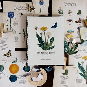 May include: A collection of educational art prints and a spiral-bound book titled "The Spring Equinox." The illustrations feature dandelions, butterflies, bees, and a chickadee. The prints are held by wooden clothespins.
