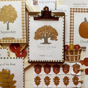 May include: An autumn-themed educational set with cards featuring trees, pumpkins, acorns, and leaves. The set includes cards labeled "September" and "October", along with color and days of the week cards. A clipboard holds a card with the text "Autumn Learning activity collection".