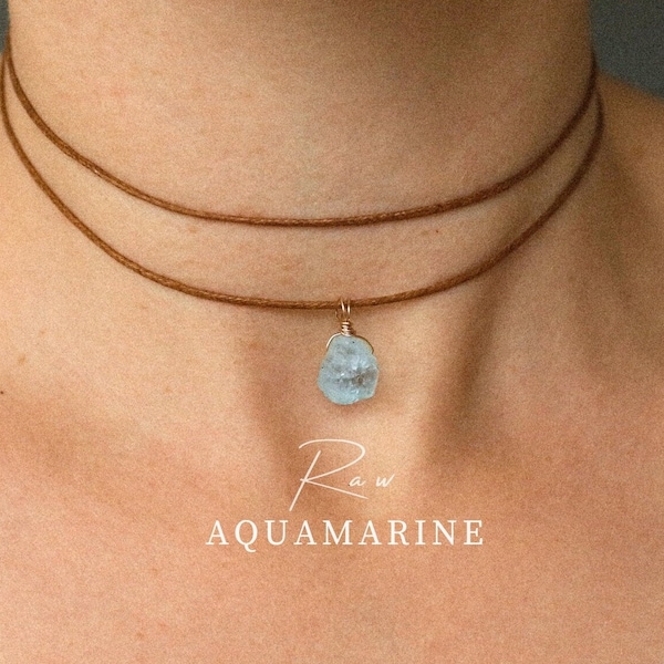 ROHER Aquamarin Anhänger an Baumwollband, Aquamarin Kette, Heilstein Choker, Edelstein Kette, Geburtsstein Kette, handgemachter Naturschmuck