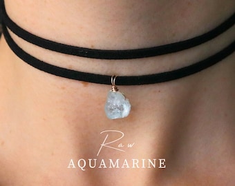 raw aquamarine velvet choker, aquamarine necklace, birthstone necklace, gemstone necklace, minimalist, birthstone march, boho jewelry, vegan