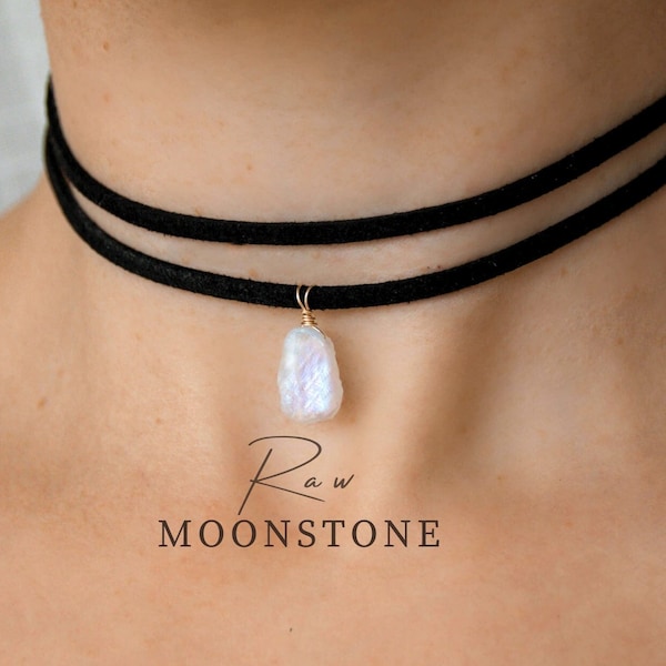 Raw moonstone choker, moonstone necklace, birthstone necklace, gemstone choker, june birthstone, gift for women, handmade gift,vegan leather