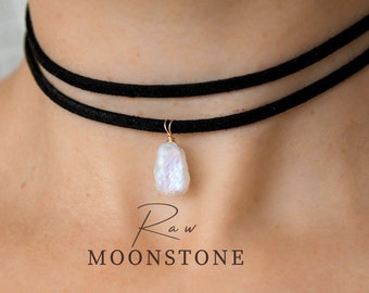 Raw moonstone choker, moonstone necklace, birthstone necklace, gemstone choker, june birthstone, gift for women, handmade gift,vegan leather