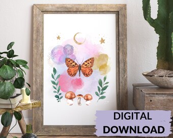 Schmetterling Kunstdruck| Sprit Animal sofortiger Download Kunst| Magische Kunst Runterladen| Mond Sterne Wandkunst| Wandbild zum Träumen