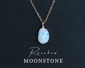 RAW Moonstone | Hand-wrapped natural moonstone pendant with gold or silver chain: Unique natural jewelry, handmade in Germany!