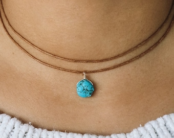 Raw Turquoise Cotton Choker Necklace, Handmade Healing Crystal