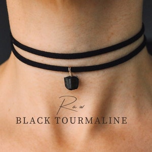 RAW black tourmaline pendant on a velvet choker, handmade natural jewelry, black tourmaline necklace, choker black, velvet choker
