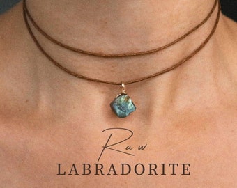 RAW labradorite pendant on cotton cord - handmade in gold and silver, natural beauty and positive energy! Labradorite