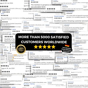 May include: A collage of numerous five-star customer reviews featuring text in various languages. A central black rectangular banner displays the white text MORE THAN 5000 SATISFIED CUSTOMERS WORLDWIDE above five yellow stars and a gold seal.