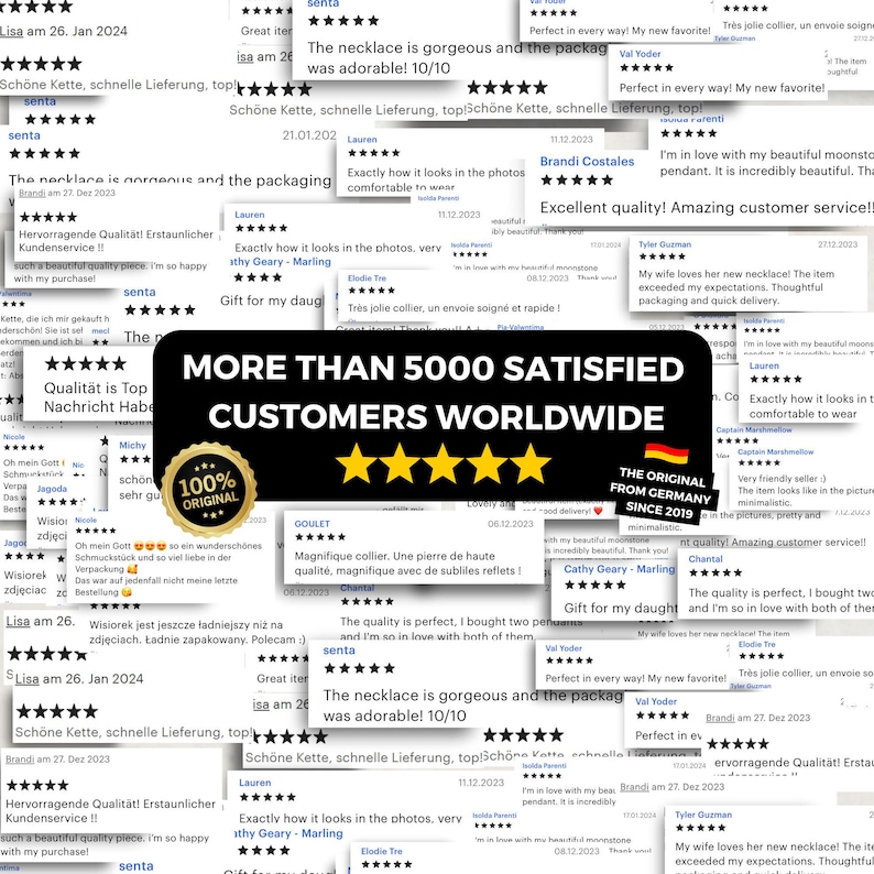May include: A collage of numerous five-star customer reviews featuring text in various languages. A central black rectangular banner displays the white text MORE THAN 5000 SATISFIED CUSTOMERS WORLDWIDE above five yellow stars and a gold seal.
