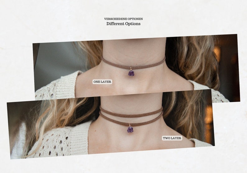 May include: Two suede choker necklaces with a purple gemstone pendant. The top necklace is a single layer and the bottom necklace is a double layer. The text "ONE LAYER" is below the top necklace and the text "TWO LAYER" is below the bottom necklace.