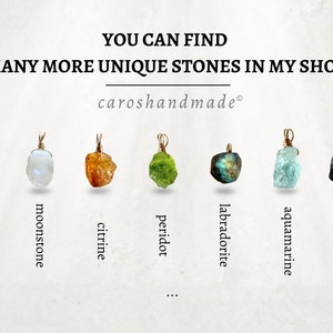 May include: A collection of nine unique gemstone pendants, each wrapped in gold wire and labeled with its name: ametrine, moonstone, citrine, peridot, labradorite, aquamarine, and black tourmaline. The text "YOU CAN FIND MANY MORE UNIQUE STONES IN MY SHOP caroshandmade&reg;" is at the top of the image.