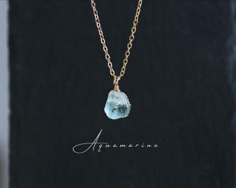 Raw Aquamarine Pendant, Sterling Silver Gold Necklace, March Birthstone