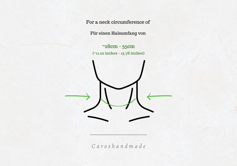 May include: Diagram showing how to measure your neck circumference for a necklace. The diagram shows a person's neck with arrows pointing to the area to measure. The text reads "For a neck circumference of ~28cm - 35cm (~11.02 inches - 13.78 inches)".