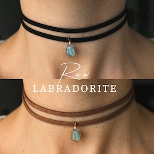 Collana girocollo in labradorite ROHER, collana in labradorite, collana con pietre preziose, gioielli boho, collana minimalista, regalo per la fidanzata, pelle scamosciata vegana