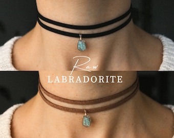 Ras de cou ROHER en labradorite, collier en labradorite, collier de pierres précieuses, bijoux bohème, collier minimaliste, cadeau petite amie, végane en daim