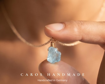 Raw Aquamarine Pendant, Sterling Silver Gold Necklace, March Birthstone