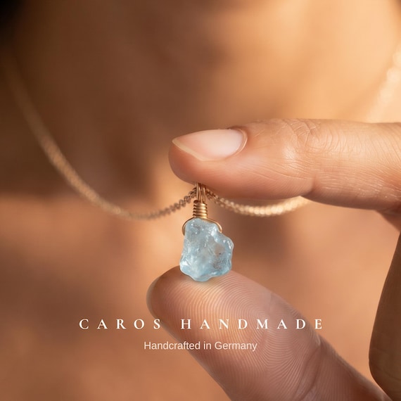 Raw Aquamarine Pendant, Sterling Silver Gold Necklace, March Birthstone