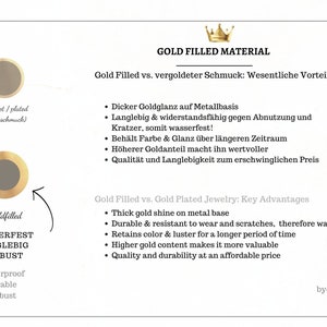 May include: A graphic comparing gold-filled jewelry to gold-plated jewelry. The graphic shows two circles, one labeled "goldfilled" and the other labeled "vergoldet / plated (Modeschmuck)". The graphic lists the advantages of gold-filled jewelry, including being waterproof, durable, and long-lasting. The graphic also includes the text "GOLD FILLED MATERIAL" and "Gold Filled vs. Gold Plated Jewelry: Key Advantages".