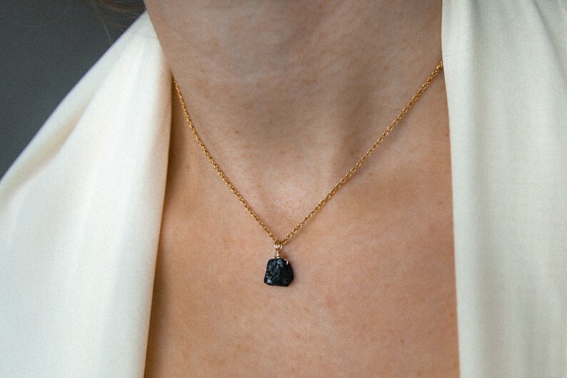 Raw black tourmaline necklace, raw black tourmaline pendant, gemstone necklace, birthstone necklace october, gold filled, gift for her image 6