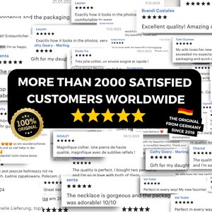 May include: A collage of customer reviews for a necklace. The reviews are positive and highlight the quality, comfort, and beauty of the necklace. The text "More than 2000 Satisfied Customers Worldwide" is displayed in large, bold letters. The image also includes a 100% Original seal.
