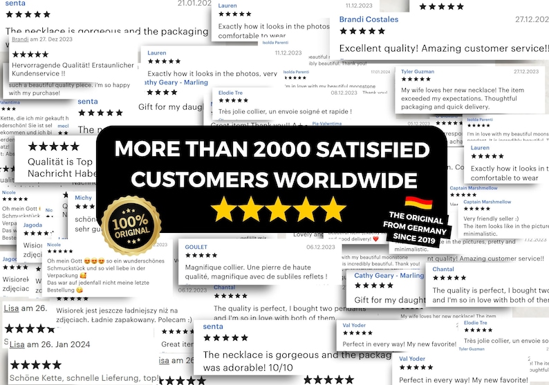 May include: A collage of customer reviews for a necklace. The reviews are positive and highlight the quality, comfort, and beauty of the necklace. The text "More than 2000 Satisfied Customers Worldwide" is displayed in large, bold letters. The image also includes a 100% Original seal.