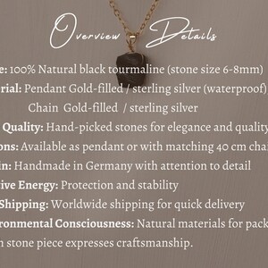 May include: Black tourmaline pendant necklace with a gold-filled chain. The pendant is made of sterling silver and is waterproof. The necklace is handmade in Germany and comes with a matching 40 cm chain.