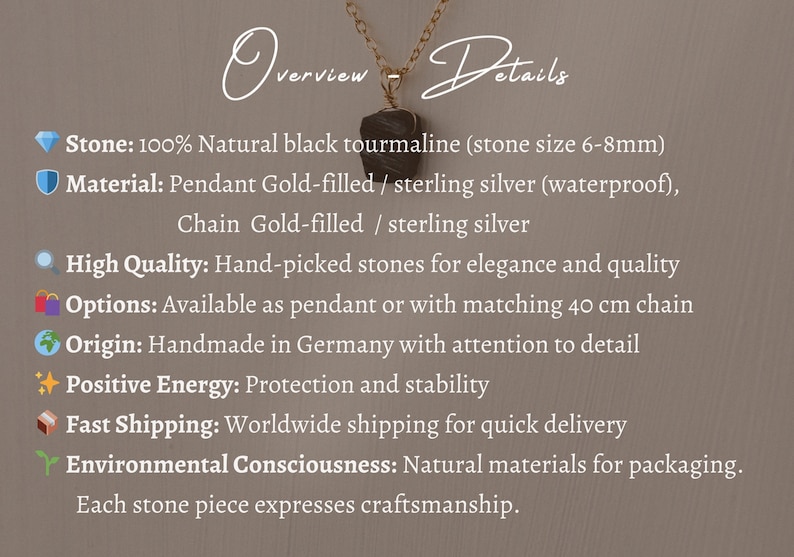 May include: Black tourmaline pendant necklace with a gold-filled chain. The pendant is made of sterling silver and is waterproof. The necklace is handmade in Germany and comes with a matching 40 cm chain.